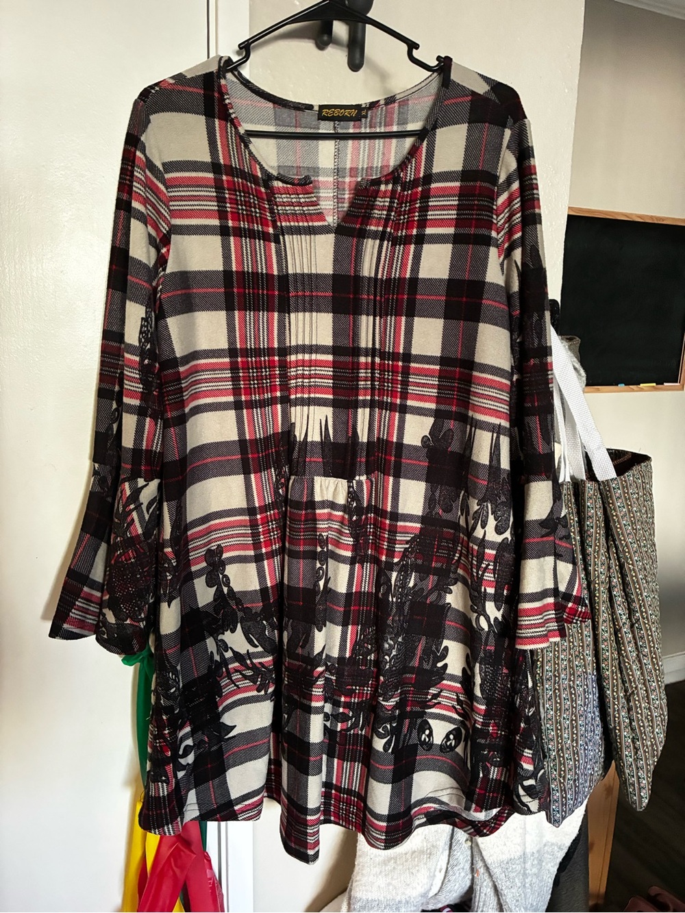 Reborn Plaid Tunic Dress in Red, Black & Cream with Floral Overlay
